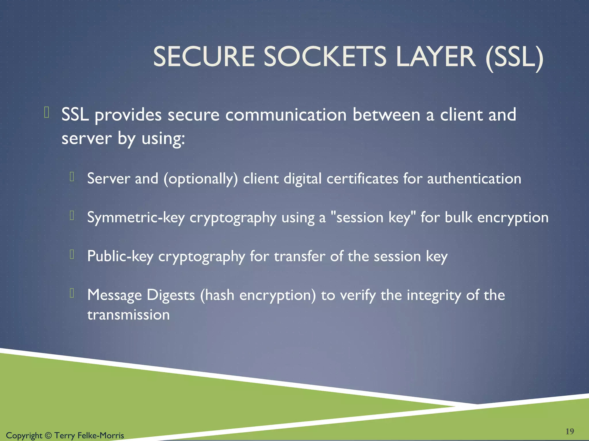 Copyright © Terry Felke-Morris
SECURE SOCKETS LAYER (SSL)
 SSL provides secure communication between a client and
server by using:
 Server and (optionally) client digital certificates for authentication
 Symmetric-key cryptography using a "session key" for bulk encryption
 Public-key cryptography for transfer of the session key
 Message Digests (hash encryption) to verify the integrity of the
transmission
19
 
