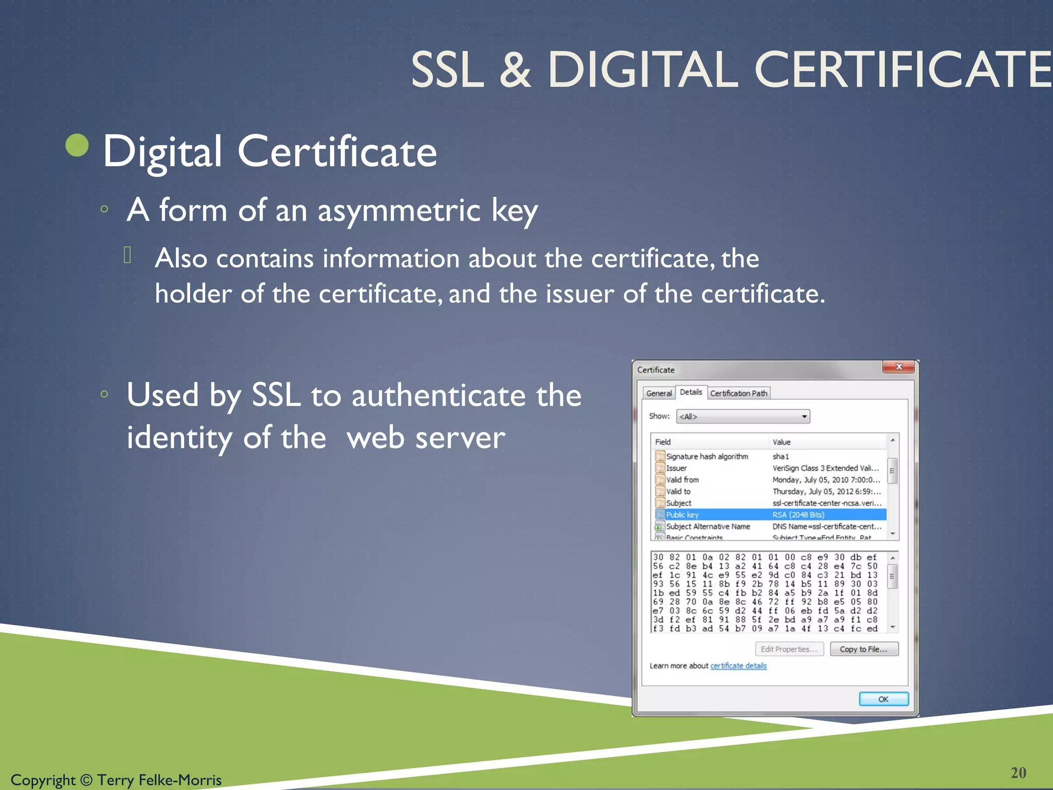 Copyright © Terry Felke-Morris
SSL & DIGITAL CERTIFICATE
Digital Certificate
◦ A form of an asymmetric key
 Also contains information about the certificate, the
holder of the certificate, and the issuer of the certificate.
◦ Used by SSL to authenticate the
identity of the web server
20
 