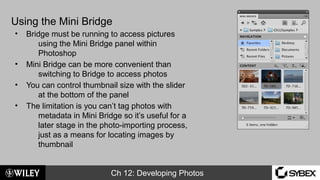 Ch 12: Developing Photos
Using the Mini Bridge
• Bridge must be running to access pictures
using the Mini Bridge panel within
Photoshop
• Mini Bridge can be more convenient than
switching to Bridge to access photos
• You can control thumbnail size with the slider
at the bottom of the panel
• The limitation is you can’t tag photos with
metadata in Mini Bridge so it’s useful for a
later stage in the photo-importing process,
just as a means for locating images by
thumbnail
 