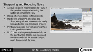 Ch 12: Developing Photos
Sharpening and Reducing Noise
• Always set zoom magnification to 100% in
the preview image when using the
Detail tab in Camera Raw
• Doing otherwise leads to false results
• Hold down Option/Alt and drag the
Sharpening sliders to see what’s really
being adjusted in a grayscale preview
• Prints always need more sharpening than
looks good on screen
• Don’t overdo sharpening however! Go to
the point where it looks too much and
then back off a bit for screen output;
push it up a notch for print
 