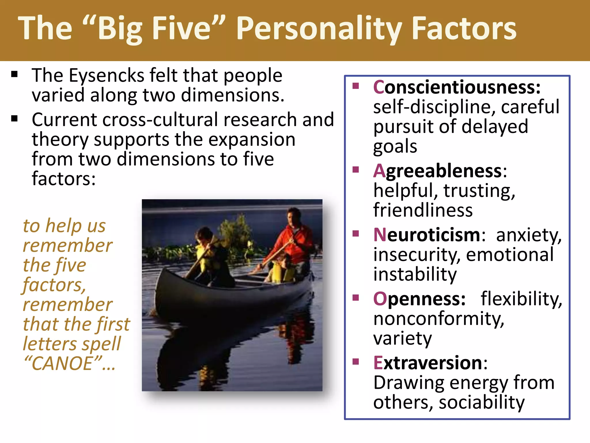 The “Big Five” Personality Factors
 The Eysencks felt that people
 Conscientiousness:
varied along two dimensions.
self-discipline, careful
 Current cross-cultural research and
pursuit of delayed
theory supports the expansion
goals
from two dimensions to five
 Agreeableness:
factors:
helpful, trusting,
friendliness
to help us
 Neuroticism: anxiety,
remember
insecurity, emotional
the five
instability
factors,
 Openness: flexibility,
remember
nonconformity,
that the first
variety
letters spell
 Extraversion:
“CANOE”…
Drawing energy from
others, sociability

 
