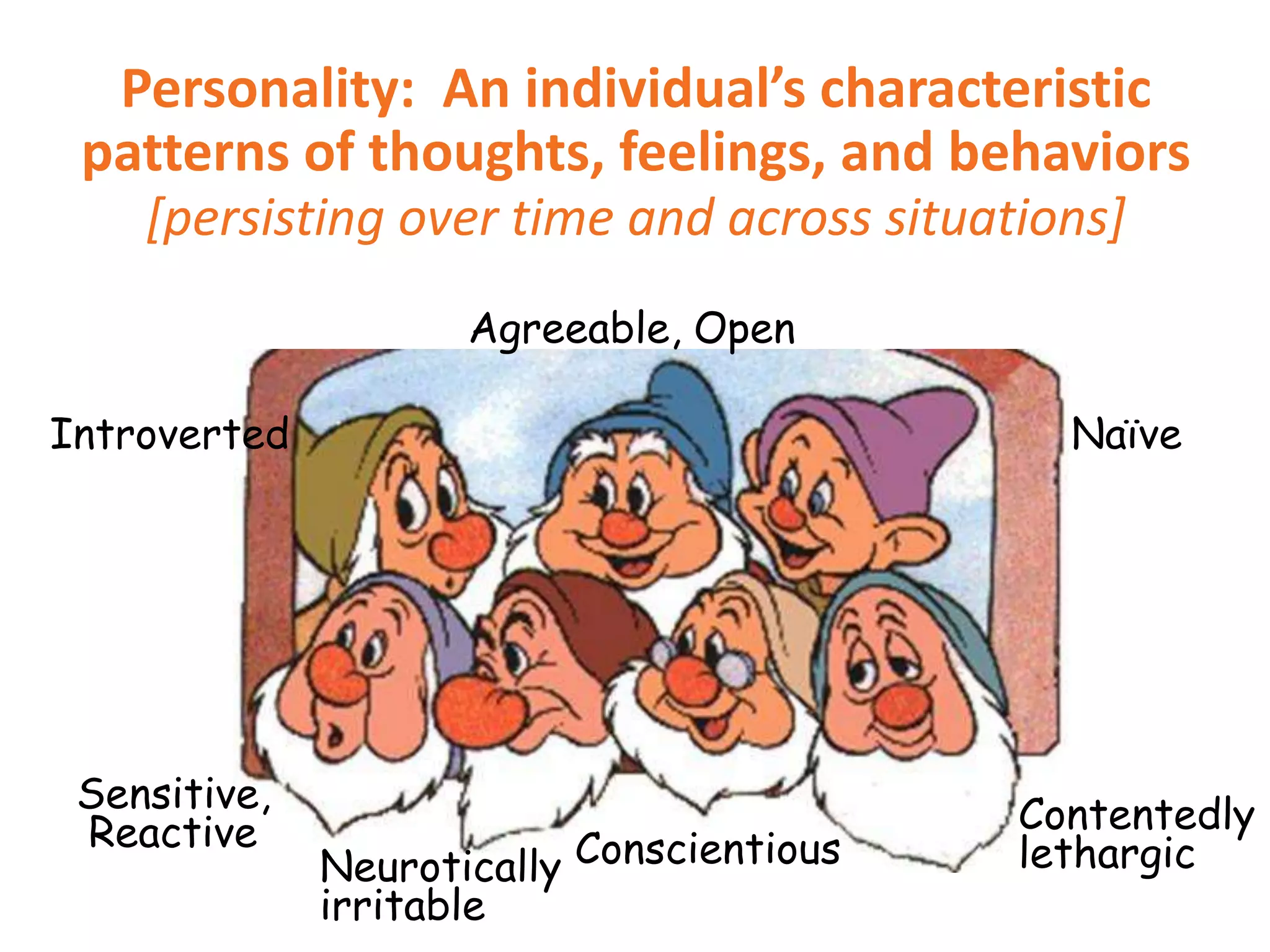 Personality: An individual’s characteristic
patterns of thoughts, feelings, and behaviors
[persisting over time and across situations]
Agreeable, Open
Introverted

Naïve

Sensitive,
Reactive

Contentedly
lethargic

Neurotically Conscientious
irritable

 