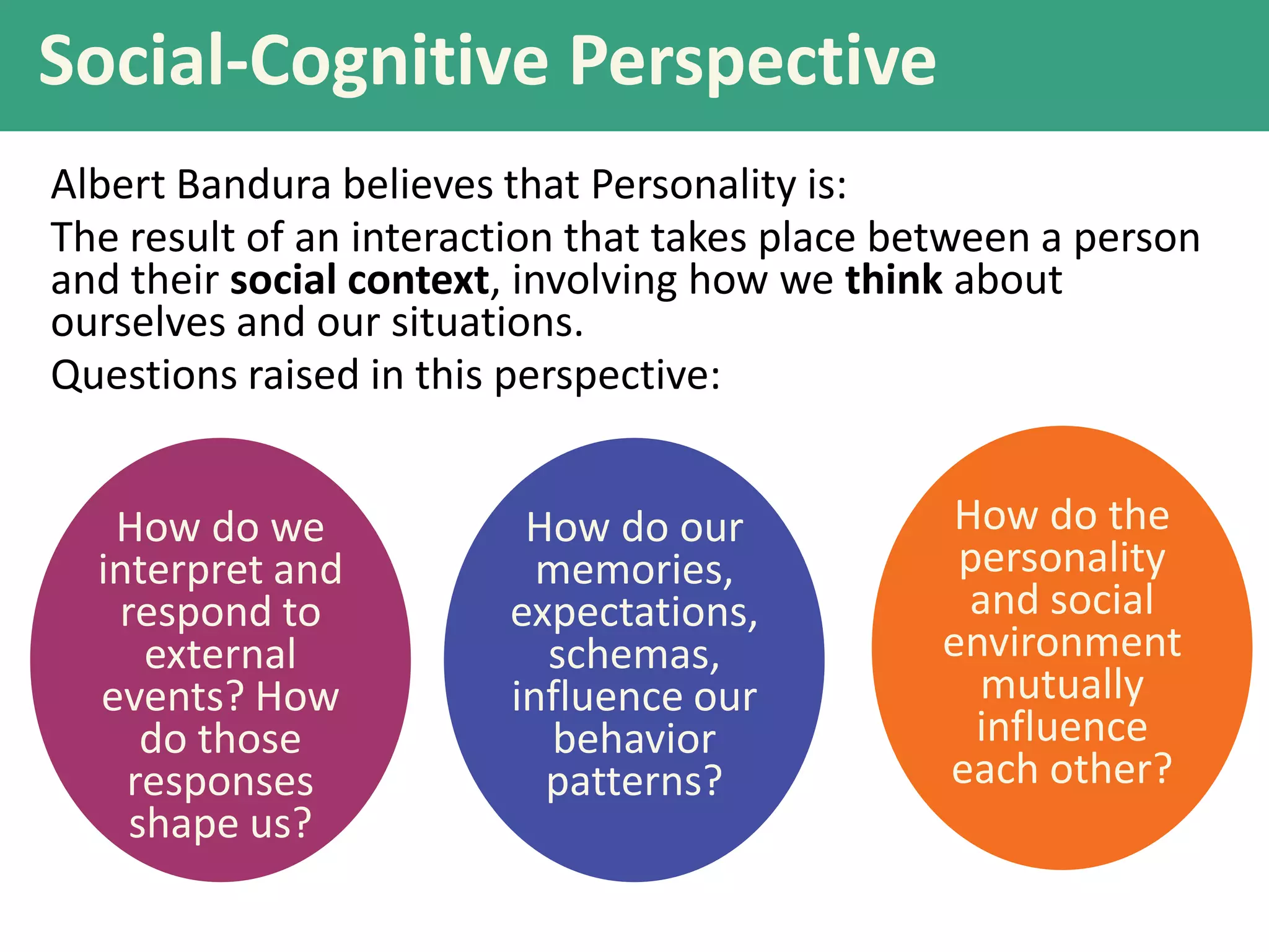 Social-Cognitive Perspective
Albert Bandura believes that Personality is:
The result of an interaction that takes place between a person
and their social context, involving how we think about
ourselves and our situations.
Questions raised in this perspective:
How do we
interpret and
respond to
external
events? How
do those
responses
shape us?

How do our
memories,
expectations,
schemas,
influence our
behavior
patterns?

How do the
personality
and social
environment
mutually
influence
each other?

 