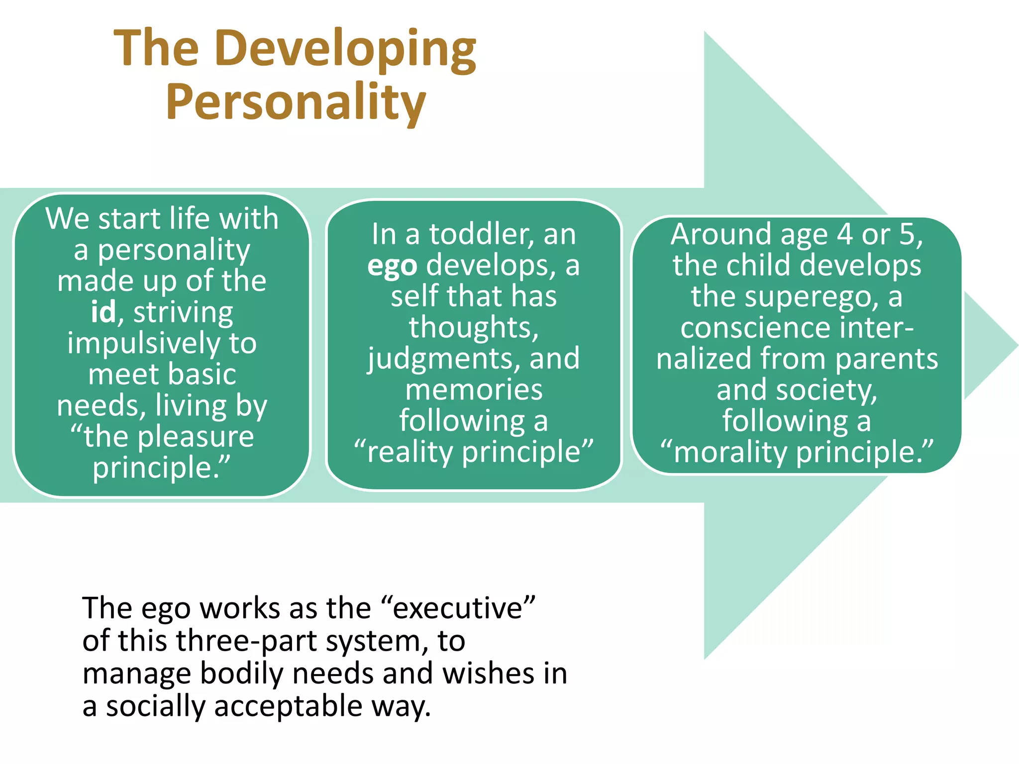 The Developing
Personality
We start life with
a personality
made up of the
id, striving
impulsively to
meet basic
needs, living by
“the pleasure
principle.”

In a toddler, an
ego develops, a
self that has
thoughts,
judgments, and
memories
following a
“reality principle”

The ego works as the “executive”
of this three-part system, to
manage bodily needs and wishes in
a socially acceptable way.

Around age 4 or 5,
the child develops
the superego, a
conscience internalized from parents
and society,
following a
“morality principle.”

 