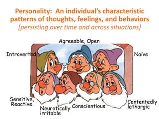 Personality: An individual’s characteristic
patterns of thoughts, feelings, and behaviors
[persisting over time and across situations]
Agreeable, Open
Introverted

Naïve

Sensitive,
Reactive

Contentedly
lethargic

Neurotically Conscientious
irritable

 