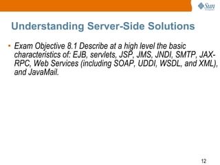 Understanding Server-Side Solutions
• Exam Objective 8.1 Describe at a high level the basic
characteristics of: EJB, servlets, JSP, JMS, JNDI, SMTP, JAXRPC, Web Services (including SOAP, UDDI, WSDL, and XML),
and JavaMail.

12

 