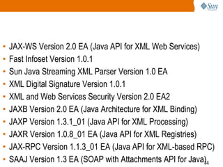 •
•
•
•
•
•
•
•
•
•

JAX-WS Version 2.0 EA (Java API for XML Web Services)
Fast Infoset Version 1.0.1
Sun Java Streaming XML Parser Version 1.0 EA
XML Digital Signature Version 1.0.1
XML and Web Services Security Version 2.0 EA2
JAXB Version 2.0 EA (Java Architecture for XML Binding)
JAXP Version 1.3.1_01 (Java API for XML Processing)
JAXR Version 1.0.8_01 EA (Java API for XML Registries)
JAX-RPC Version 1.1.3_01 EA (Java API for XML-based RPC)
SAAJ Version 1.3 EA (SOAP with Attachments API for Java)
14

 