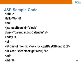 JSP Sample Code

<html>
Hello World!
<br>
<jsp:useBean id="clock"
class=“calendar.JspCalendar” />
Today is
<ul>
<li>Day of month: <%= clock.getDayOfMonth() %>
<li>Year: <%= clock.getYear() %>
</ul>
</html>

34

 