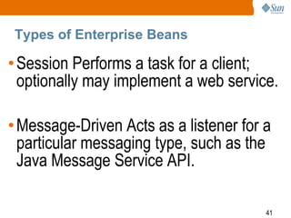 Types of Enterprise Beans

• Session Performs a task for a client;
optionally may implement a web service.
• Message-Driven Acts as a listener for a
particular messaging type, such as the
Java Message Service API.
41

 