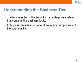 Understanding the Business Tier
• The business tier is the tier within an enterprise system
that contains the business logic.
• Enterprise JavaBeans is one of the major components of
the business tier.

9

 