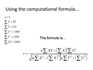 ( )( )
( )[ ] ( )[ ]∑ ∑∑ ∑
∑∑ ∑
−−
−
=
2222
YYnXXn
YXXYn
r
∑
∑
∑
∑
∑
=
=
=
=
=
=
2465
3205
1985
125
95
5
2
2
XY
Y
X
Y
X
n
The formula is...The formula is...
Using the computational formula...
 