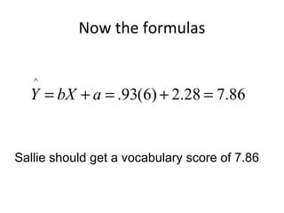 Now the formulas
86.728.2)6(93.
^
=+=+= abXY
Sallie should get a vocabulary score of 7.86
 