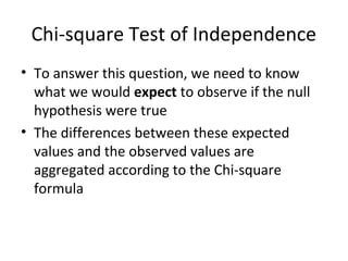 Chi-square Test of Independence
• To answer this question, we need to know
what we would expect to observe if the null
hypothesis were true
• The differences between these expected
values and the observed values are
aggregated according to the Chi-square
formula
 