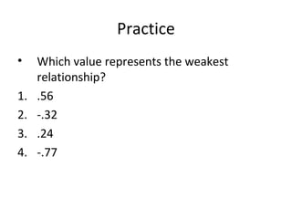Practice
• Which value represents the weakest
relationship?
1. .56
2. -.32
3. .24
4. -.77
 