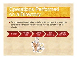 Operations PPeerrffoorrmmeedd 
oonn aa DDiirreeccttoorryy 
 To understand the requirements for a file structure, it is helpful to 
consider the types of operations that may be performed on the 
directory: 
 