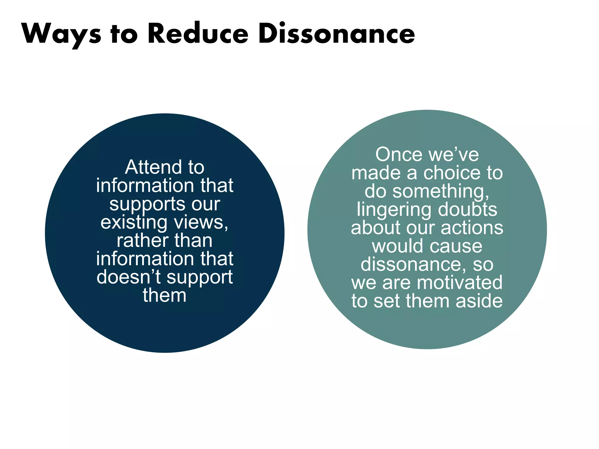 Ways to Reduce Dissonance 
Attend to 
information that 
supports our 
existing views, 
rather than 
information that 
doesn’t support 
them 
Once we’ve 
made a choice to 
do something, 
lingering doubts 
about our actions 
would cause 
dissonance, so 
we are motivated 
to set them aside 
 