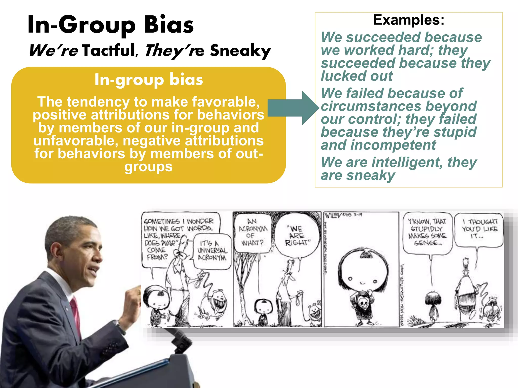 In-Group Bias 
We’re Tactful, They’re Sneaky 
In-group bias 
The tendency to make favorable, 
positive attributions for behaviors 
by members of our in-group and 
unfavorable, negative attributions 
for behaviors by members of out-groups 
Examples: 
We succeeded because 
we worked hard; they 
succeeded because they 
lucked out 
We failed because of 
circumstances beyond 
our control; they failed 
because they’re stupid 
and incompetent 
We are intelligent, they 
are sneaky 
Ethnocentrism – form of in-group bias 
Belief that one’s culture or ethnic 
group is superior to others 
 
