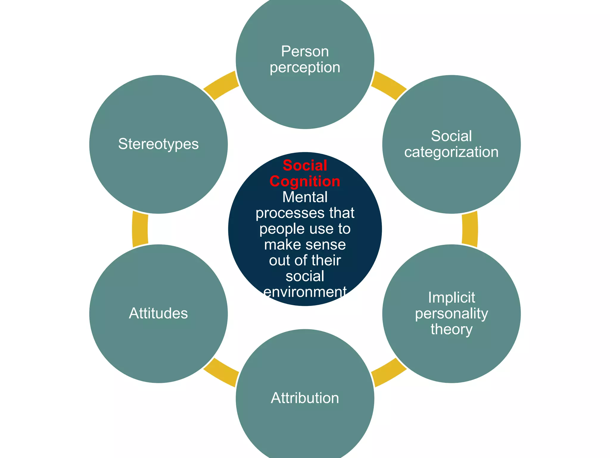 Person 
perception 
Social 
Cognition 
Mental 
processes that 
people use to 
make sense 
out of their 
social 
environment 
Social 
categorization 
Implicit 
personality 
theory 
Attribution 
Stereotypes 
Attitudes 
 
