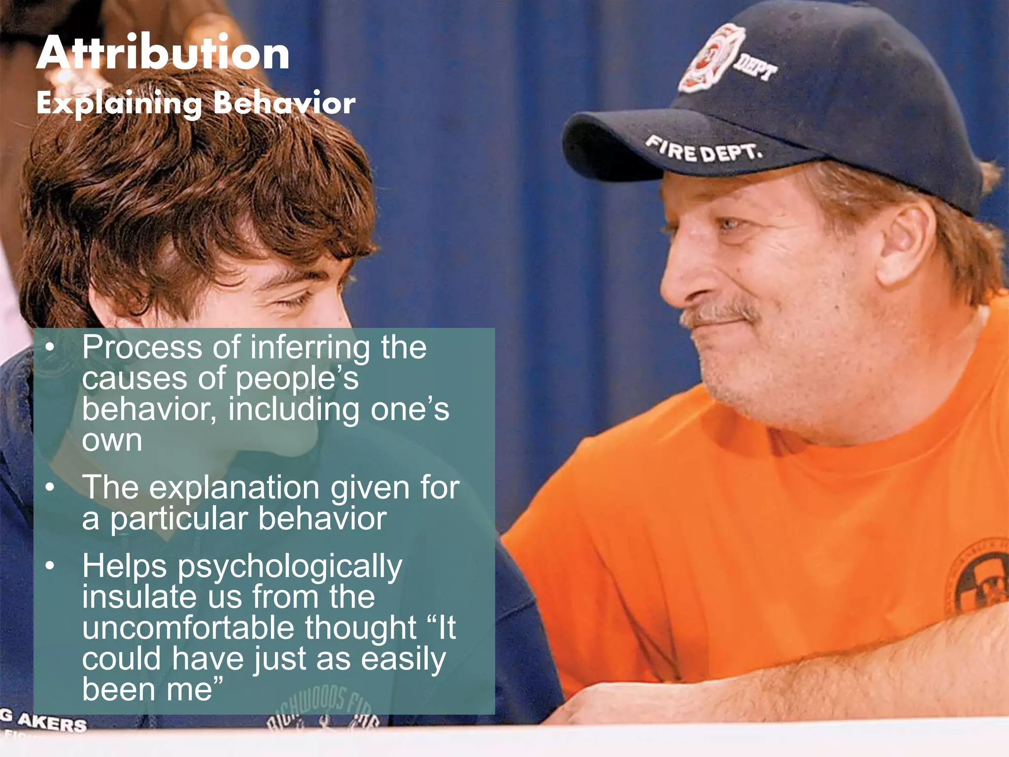 Attribution 
Explaining Behavior 
• Process of inferring the 
causes of people’s 
behavior, including one’s 
own 
• The explanation given for 
a particular behavior 
• Helps psychologically 
insulate us from the 
uncomfortable thought “It 
could have just as easily 
been me” 
 