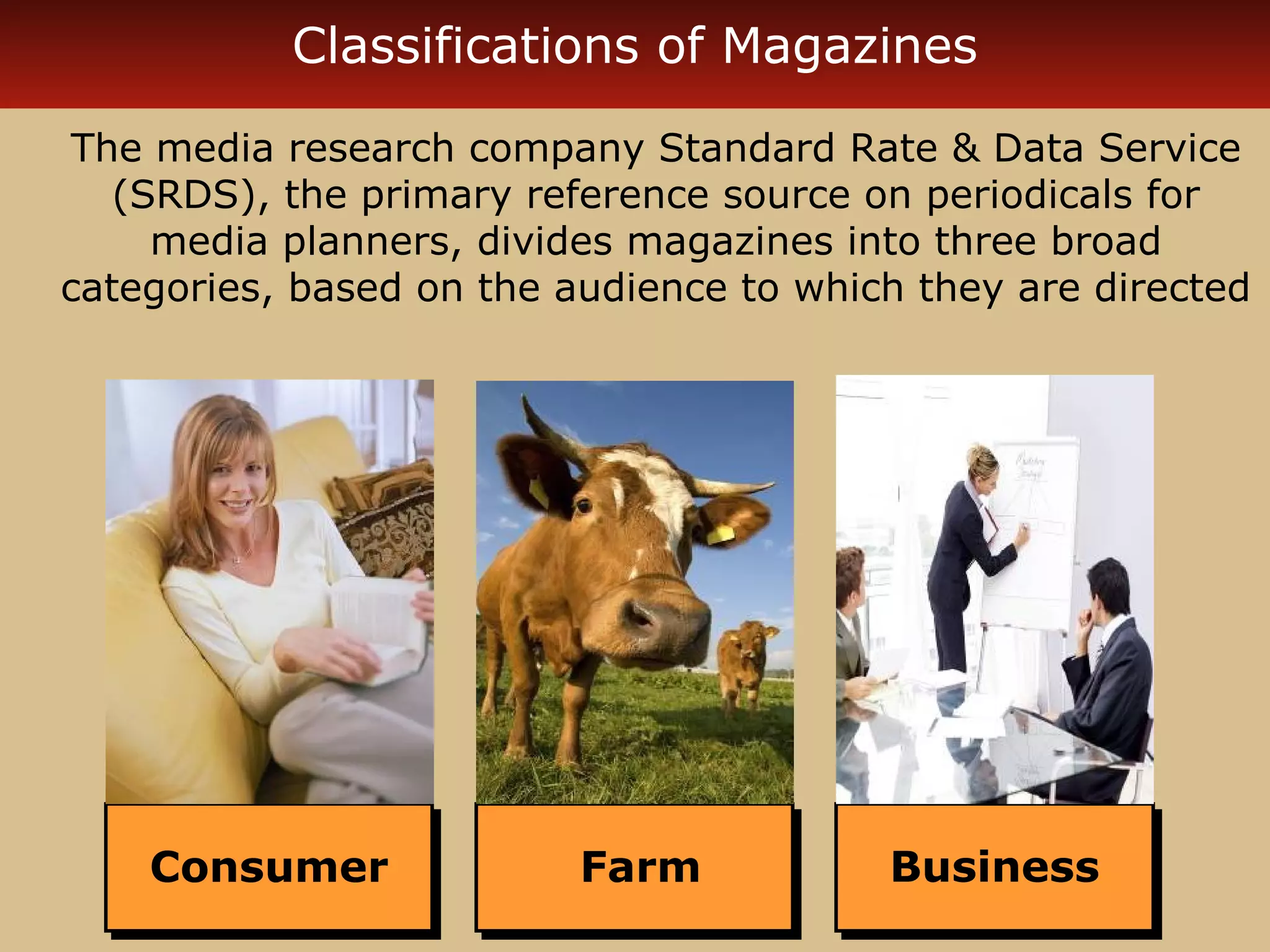 Classifications of Magazines 
The media research company Standard Rate & Data Service 
(SRDS), the primary reference source on periodicals for 
media planners, divides magazines into three broad 
categories, based on the audience to which they are directed 
CCoonnssuummeerr FFaarrmm BBuussiinneessss 
 