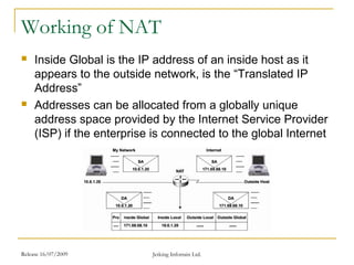 Release 16/07/2009 Jetking Infotrain Ltd.
Working of NAT
 Inside Global is the IP address of an inside host as it
appears to the outside network, is the “Translated IP
Address”
 Addresses can be allocated from a globally unique
address space provided by the Internet Service Provider
(ISP) if the enterprise is connected to the global Internet
 