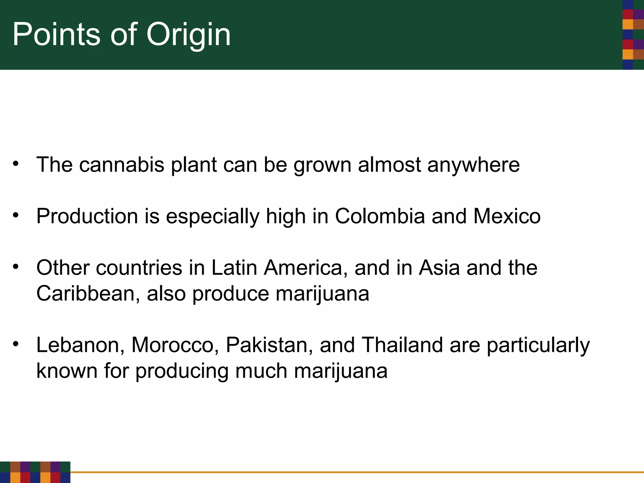 Points of Origin
• The cannabis plant can be grown almost anywhere
• Production is especially high in Colombia and Mexico
• Other countries in Latin America, and in Asia and the
Caribbean, also produce marijuana
• Lebanon, Morocco, Pakistan, and Thailand are particularly
known for producing much marijuana
 