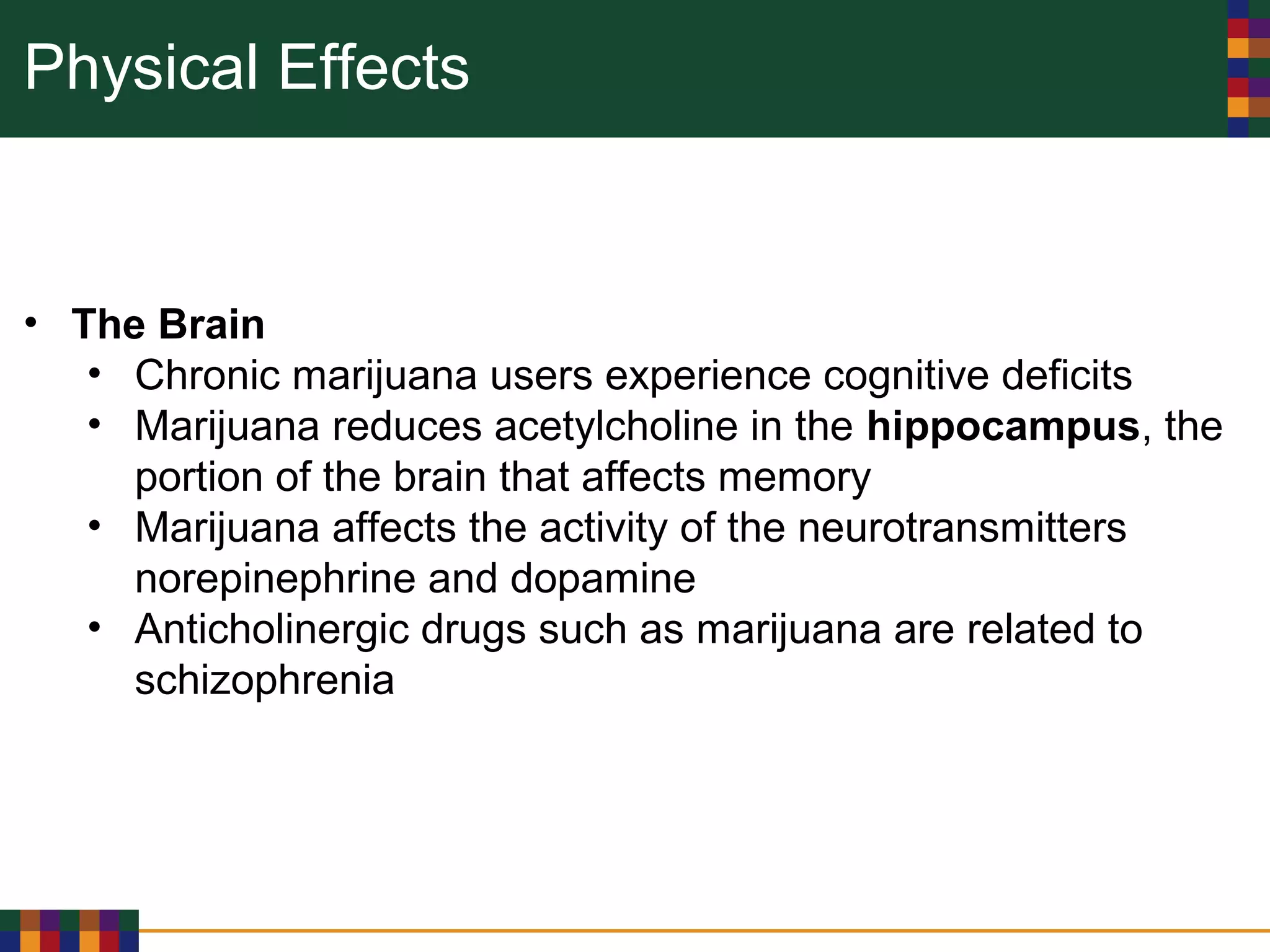 Physical Effects
• The Brain
• Chronic marijuana users experience cognitive deficits
• Marijuana reduces acetylcholine in the hippocampus, the
portion of the brain that affects memory
• Marijuana affects the activity of the neurotransmitters
norepinephrine and dopamine
• Anticholinergic drugs such as marijuana are related to
schizophrenia
 