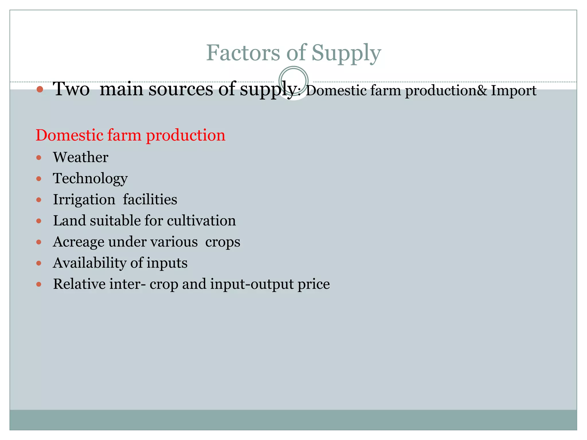 Factors of Supply
 Two main sources of supply: Domestic farm production& Import
Domestic farm production
 Weather
 Technology
 Irrigation facilities
 Land suitable for cultivation
 Acreage under various crops
 Availability of inputs
 Relative inter- crop and input-output price
 