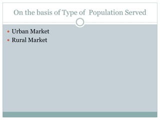 On the basis of Type of Population Served
 Urban Market
 Rural Market
 