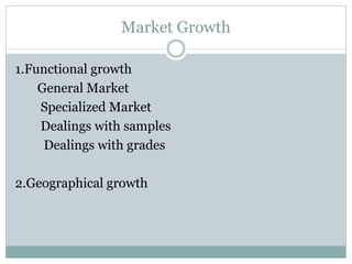 Market Growth
1.Functional growth
General Market
Specialized Market
Dealings with samples
Dealings with grades
2.Geographical growth
 