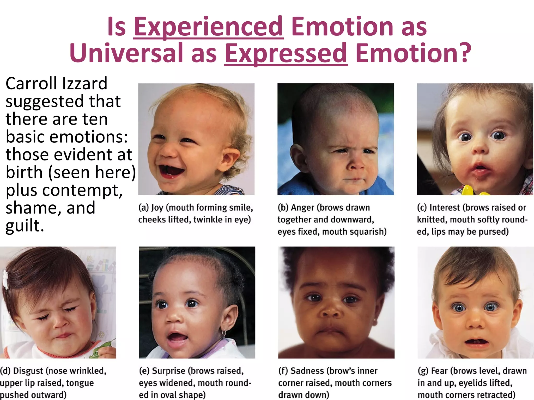 Carroll Izzard
suggested that
there are ten
basic emotions:
those evident at
birth (seen here)
plus contempt,
shame, and
guilt.
Is Experienced Emotion as
Universal as Expressed Emotion?
 