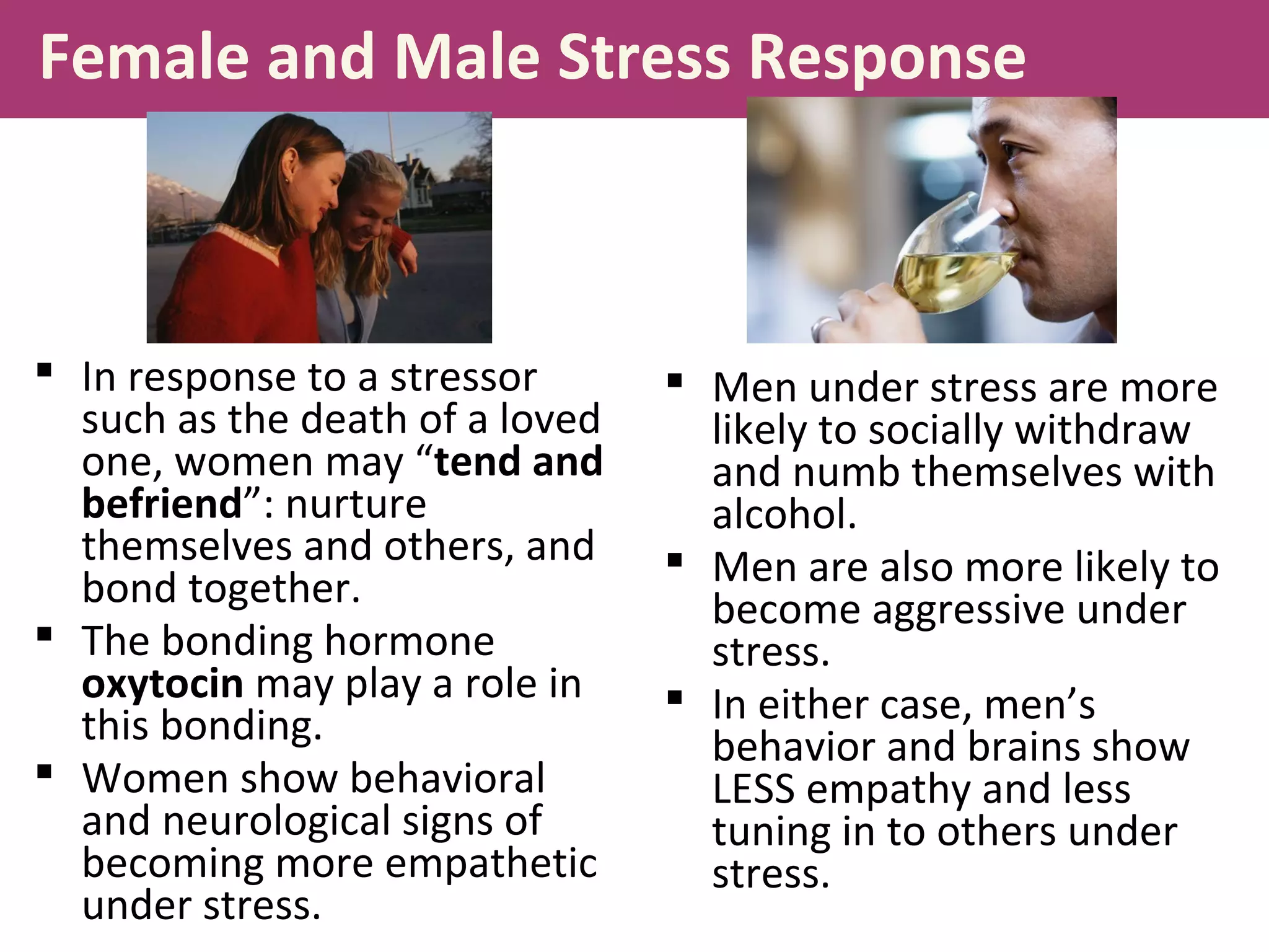 Female and Male Stress Response
 In response to a stressor
such as the death of a loved
one, women may “tend and
befriend”: nurture
themselves and others, and
bond together.
 The bonding hormone
oxytocin may play a role in
this bonding.
 Women show behavioral
and neurological signs of
becoming more empathetic
under stress.
 Men under stress are more
likely to socially withdraw
and numb themselves with
alcohol.
 Men are also more likely to
become aggressive under
stress.
 In either case, men’s
behavior and brains show
LESS empathy and less
tuning in to others under
stress.
 