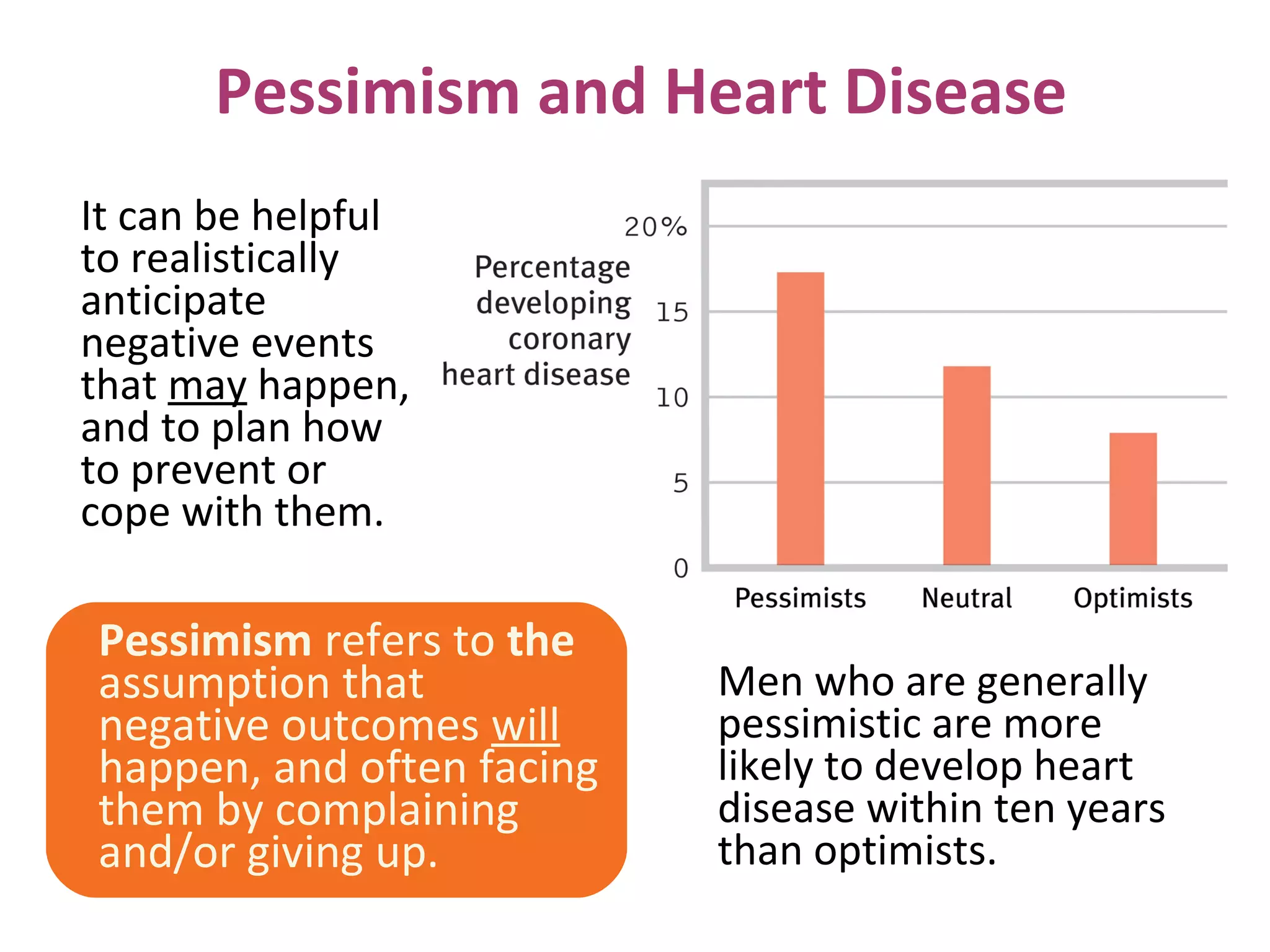 Pessimism and Heart Disease
It can be helpful
to realistically
anticipate
negative events
that may happen,
and to plan how
to prevent or
cope with them.
Men who are generally
pessimistic are more
likely to develop heart
disease within ten years
than optimists.
Pessimism refers to the
assumption that
negative outcomes will
happen, and often facing
them by complaining
and/or giving up.
 