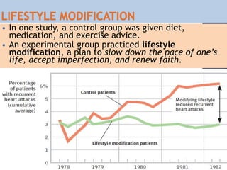  In one study, a control group was given diet,
medication, and exercise advice.
 An experimental group practiced lifestyle
modification, a plan to slow down the pace of one’s
life, accept imperfection, and renew faith.
 