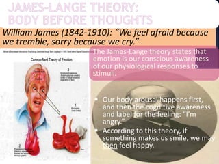 William James (1842-1910): “We feel afraid because
we tremble, sorry because we cry.”
The James-Lange theory states that
emotion is our conscious awareness
of our physiological responses to
stimuli.
 Our body arousal happens first,
and then the cognitive awareness
and label for the feeling: “I’m
angry.”
 According to this theory, if
something makes us smile, we may
then feel happy.
 