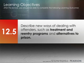 © 2013 by Pearson Higher Education, Inc
Upper Saddle River, New Jersey 07458 • All Rights Reserved
© 2013 by Pearson Higher Education, Inc
Upper Saddle River, New Jersey 07458 • All Rights Reserved
Describe new ways of dealing with
offenders, such as treatment and
reentry programs and alternatives to
prison.
Learning Objectives
After this lecture, you should be able to complete the following Learning Outcomes
12.5
 