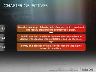 © 2013 by Pearson Higher Education, Inc
Upper Saddle River, New Jersey 07458 • All Rights Reserved
© 2013 by Pearson Higher Education, Inc
Upper Saddle River, New Jersey 07458 • All Rights Reserved
12.5
12.6
12.7
Explain how the correctional system addresses problems in
dealing with offenders with mental illness and sex offenders.
Identify and describe five major trends that are shaping the
future of corrections.
Describe new ways of dealing with offenders, such as treatment
and reentry programs and alternatives to prison.
CHAPTER OBJECTIVES
 