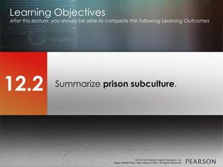 © 2013 by Pearson Higher Education, Inc
Upper Saddle River, New Jersey 07458 • All Rights Reserved
© 2013 by Pearson Higher Education, Inc
Upper Saddle River, New Jersey 07458 • All Rights Reserved
Summarize prison subculture.
Learning Objectives
After this lecture, you should be able to complete the following Learning Outcomes
12.2
 