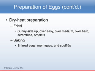 © Cengage Learning 2015
• Dry-heat preparation
– Fried
• Sunny-side up, over easy, over medium, over hard,
scrambled, omelets
– Baking
• Shirred eggs, meringues, and soufflés
Preparation of Eggs (cont’d.)
 