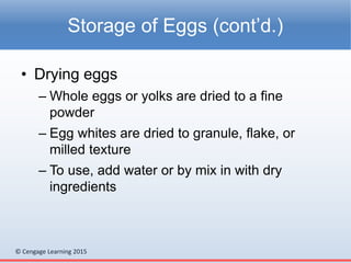 © Cengage Learning 2015
• Drying eggs
– Whole eggs or yolks are dried to a fine
powder
– Egg whites are dried to granule, flake, or
milled texture
– To use, add water or by mix in with dry
ingredients
Storage of Eggs (cont’d.)
 