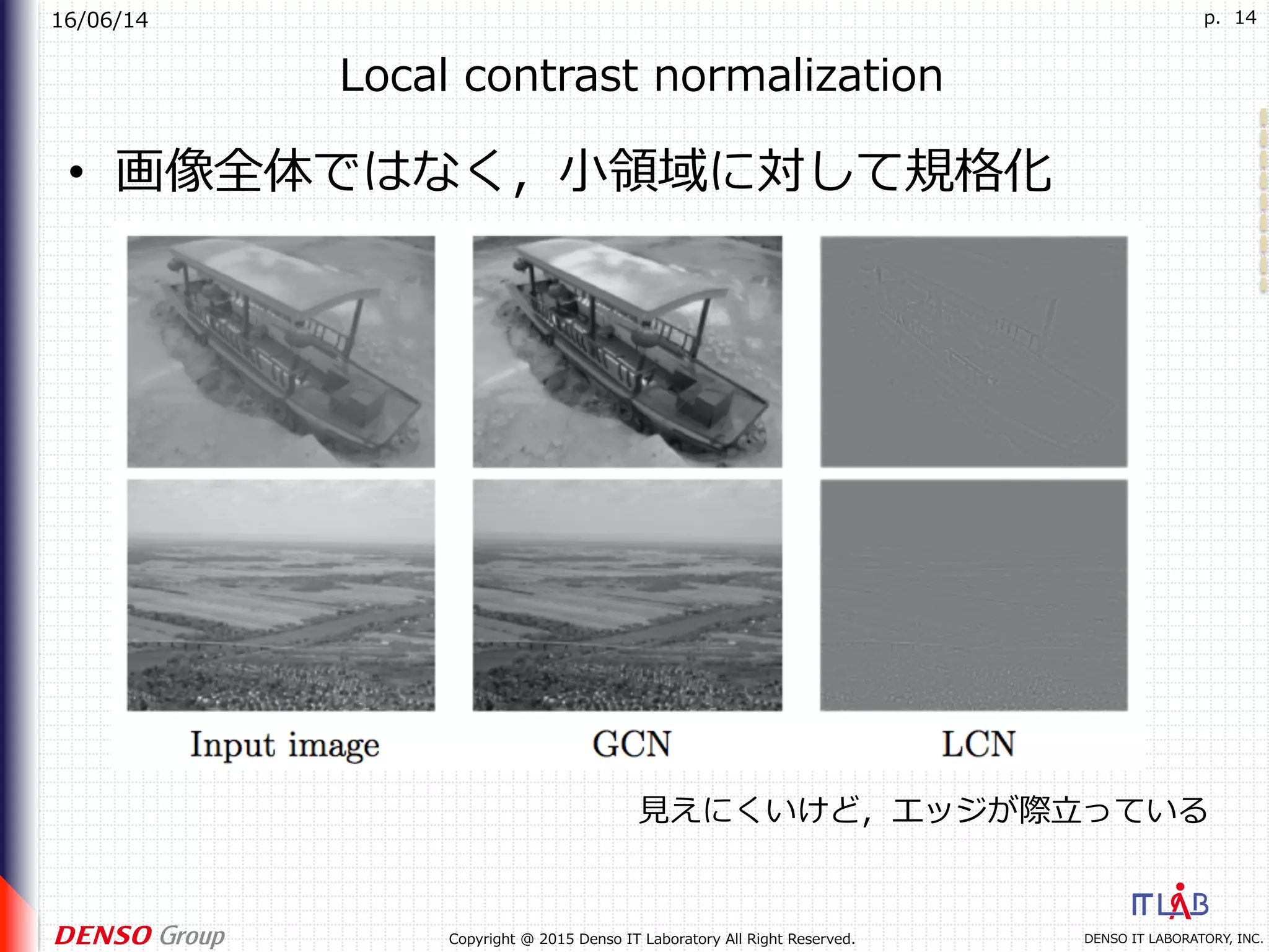 16/06/14
DENSO IT LABORATORY, INC.Copyright @ 2015 Denso IT Laboratory All Right Reserved.
p. 14
Local contrast normalization
•  画像全体ではなく，⼩領域に対して規格化
⾒えにくいけど，エッジが際⽴っている
 