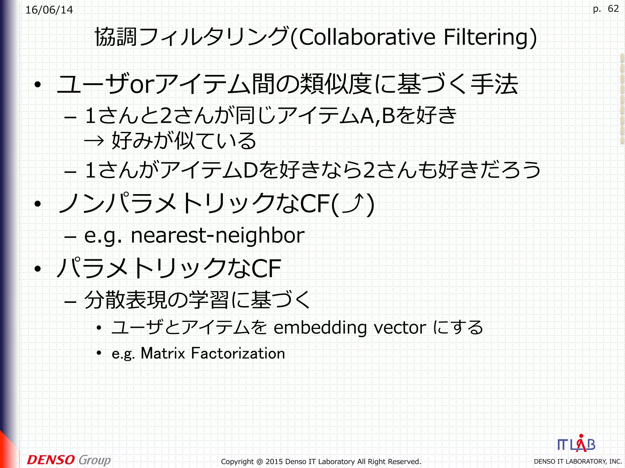 16/06/14
DENSO IT LABORATORY, INC.Copyright @ 2015 Denso IT Laboratory All Right Reserved.
p. 62
協調フィルタリング(Collaborative Filtering)
•  ユーザorアイテム間の類似度に基づく⼿法
–  1さんと2さんが同じアイテムA,Bを好き
→ 好みが似ている
–  1さんがアイテムDを好きなら2さんも好きだろう
•  ノンパラメトリックなCF(⤴︎)
–  e.g. nearest-neighbor
•  パラメトリックなCF
–  分散表現の学習に基づく
•  ユーザとアイテムを embedding vector にする
•  e.g. Matrix Factorization
 