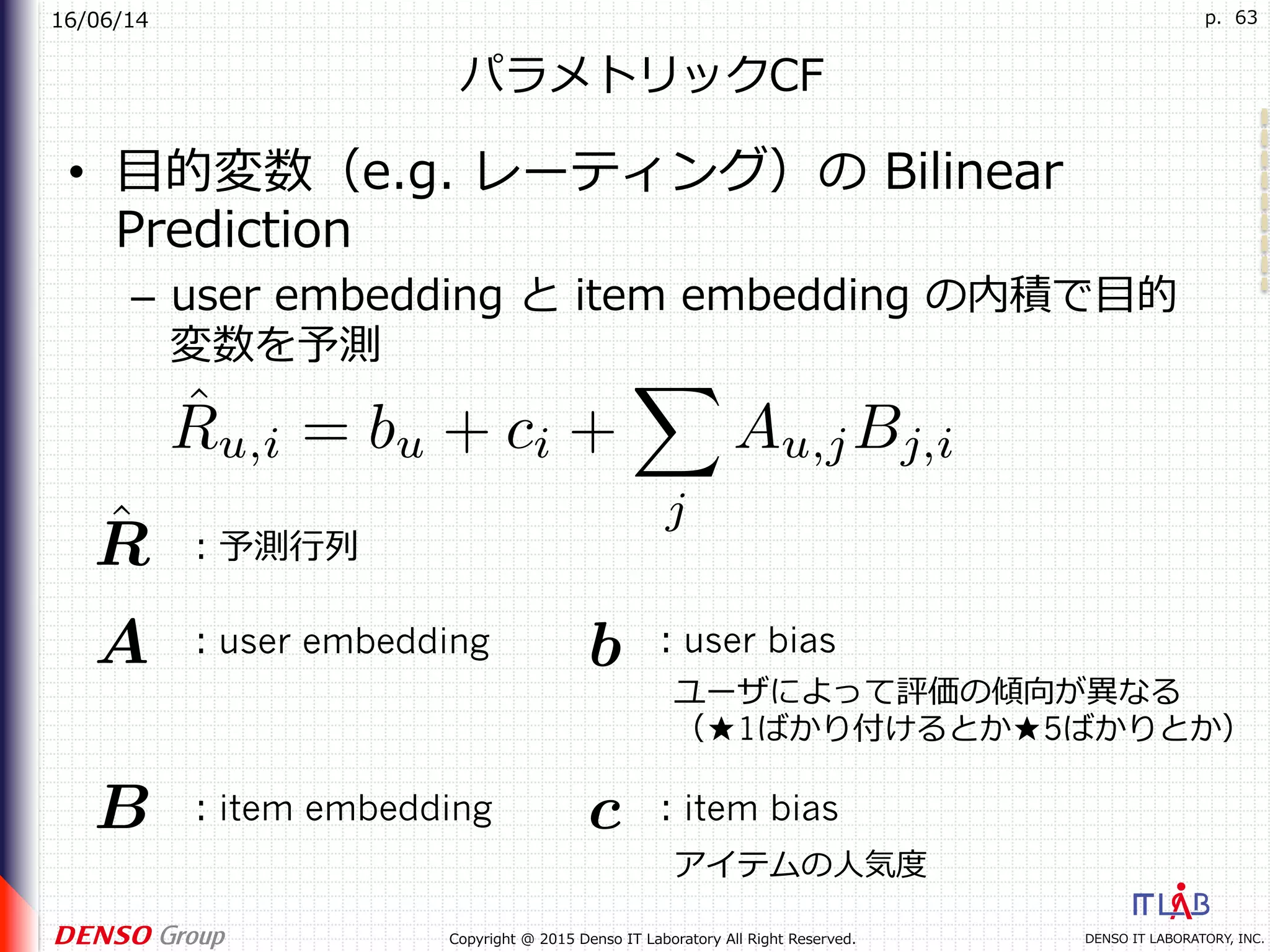 16/06/14
DENSO IT LABORATORY, INC.Copyright @ 2015 Denso IT Laboratory All Right Reserved.
p. 63
パラメトリックCF
•  ⽬的変数（e.g. レーティング）の Bilinear
Prediction
–  user embedding と item embedding の内積で⽬的
変数を予測
：予測⾏列
：user embedding
：item embedding
：user bias
：item bias
ユーザによって評価の傾向が異なる
（★1ばかり付けるとか★5ばかりとか）
アイテムの⼈気度
 