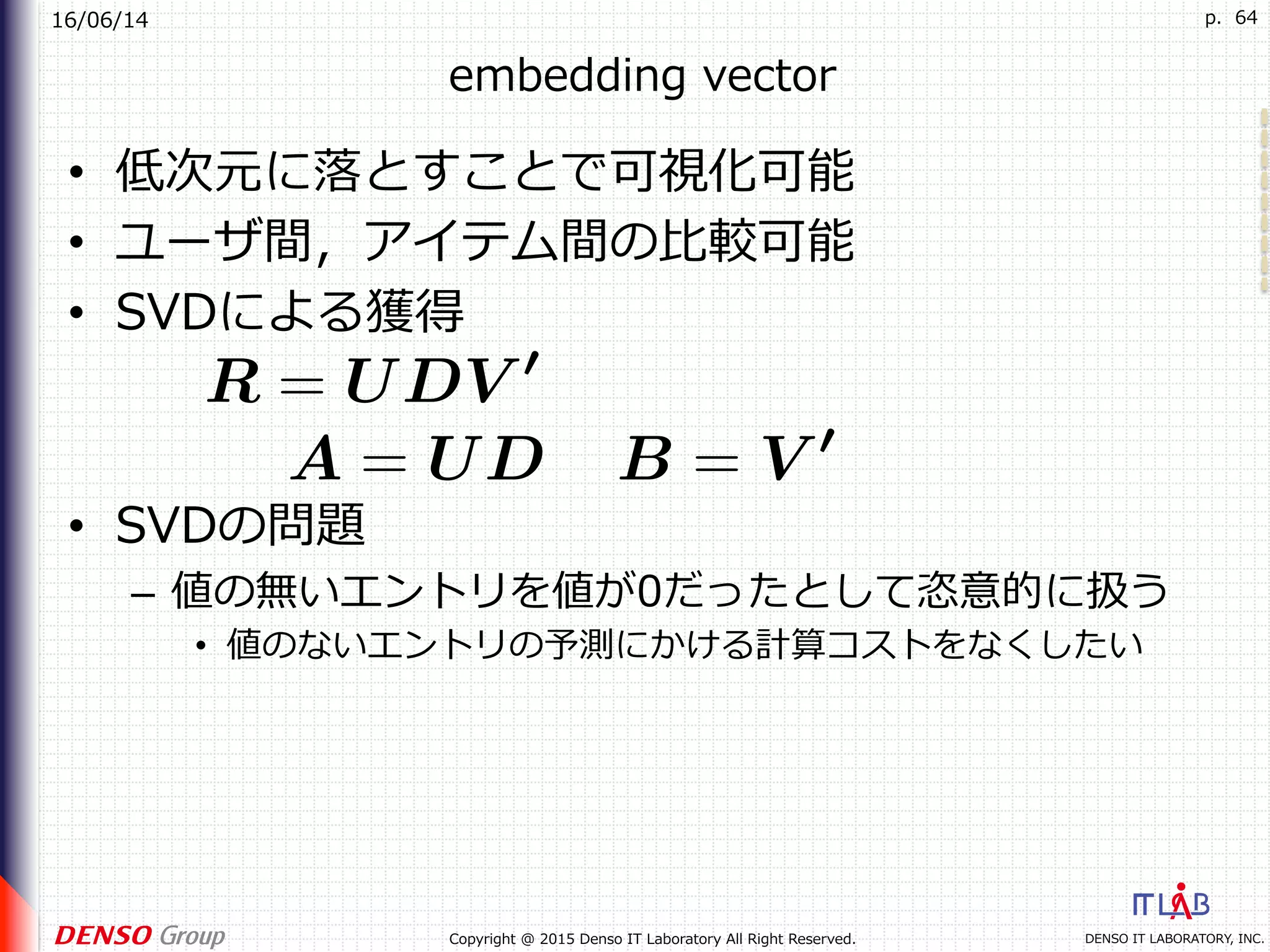 16/06/14
DENSO IT LABORATORY, INC.Copyright @ 2015 Denso IT Laboratory All Right Reserved.
p. 64
embedding vector
•  低次元に落とすことで可視化可能
•  ユーザ間，アイテム間の⽐較可能
•  SVDによる獲得
•  SVDの問題
–  値の無いエントリを値が0だったとして恣意的に扱う
•  値のないエントリの予測にかける計算コストをなくしたい
 