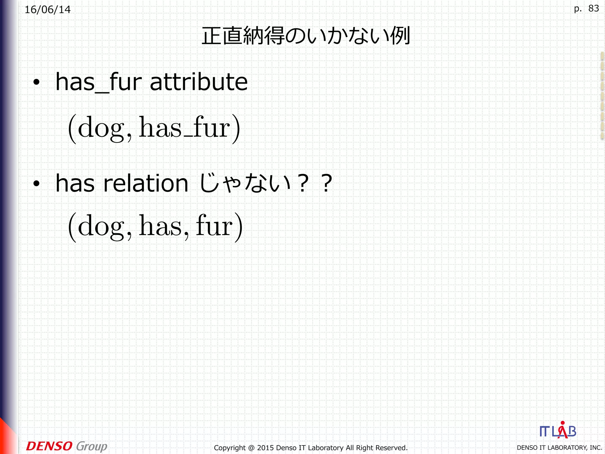 16/06/14
DENSO IT LABORATORY, INC.Copyright @ 2015 Denso IT Laboratory All Right Reserved.
p. 83
正直納得のいかない例
•  has_fur attribute
•  has relation じゃない？？
 