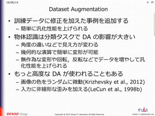 16/06/14
DENSO IT LABORATORY, INC.Copyright @ 2015 Denso IT Laboratory All Right Reserved.
p. 16
Dataset Augmentation
•  訓練データに修正を加えた事例を追加する
–  簡単に汎化性能を上げられる
•  物体認識は分類タスクで DA の影響が⼤きい
–  ⾓度の違いなどで⾒え⽅が変わる
–  幾何的な演算で簡単に変形が可能
–  無作為な変形や回転，反転などでデータを増やして汎
化性能を上げられる
•  もっと⾼度な DA が使われることもある
–  画像の⾊をランダムに微動(Krizhevsky et al., 2012)
–  ⼊⼒に⾮線形な歪みを加える(LeCun et al., 1998b)
 