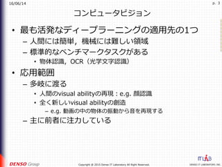 16/06/14
DENSO IT LABORATORY, INC.Copyright @ 2015 Denso IT Laboratory All Right Reserved.
p. 3
コンピュータビジョン
•  最も活発なディープラーニングの適⽤先の1つ
–  ⼈間には簡単，機械には難しい領域
–  標準的なベンチマークタスクがある
•  物体認識，OCR（光学⽂字認識）
•  応⽤範囲
–  多岐に渡る
•  ⼈間のvisual abilityの再現：e.g. 顔認識
•  全く新しいvisual abilityの創造
–  e.g. 動画の中の物体の振動から⾳を再現する
–  主に前者に注⼒している
 