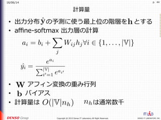 16/06/14
DENSO IT LABORATORY, INC.Copyright @ 2015 Denso IT Laboratory All Right Reserved.
p. 44
計算量
•  出⼒分布 の予測に使う最上位の階層を とする
•  aﬃne-softmax 出⼒層の計算
•  アフィン変換の重み⾏列
•  バイアス
•  計算量は は通常数千
 