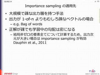 16/06/14
DENSO IT LABORATORY, INC.Copyright @ 2015 Denso IT Laboratory All Right Reserved.
p. 53
Importance sampling の適⽤先
•  ⼤規模で疎な出⼒層を持つ⼿法
•  出⼒が 1-of-n よりもむしろ疎なベクトルの場合
–  e.g. Bag of words
•  正解が疎でも学習中の勾配は密になる
–  結局⾮ゼロの要素全てについて計算するため，出⼒次
元が⼤きい場合は importance sampling が有効
Dauphin et al., 2011
 