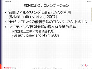 16/06/14
DENSO IT LABORATORY, INC.Copyright @ 2015 Denso IT Laboratory All Right Reserved.
p. 67
RBMによるレコメンデーション
•  協調フィルタリングに最初にNNを利⽤
(Salakhutdinov et al., 2007)
•  Netﬂix コンペの優勝⼿法のコンポーネントの1つ
•  レーティング⾏列分解の様々な先進的⼿法
–  NNコミュニティで蓄積された
(Salakhutdinov and Mnih, 2008)
 